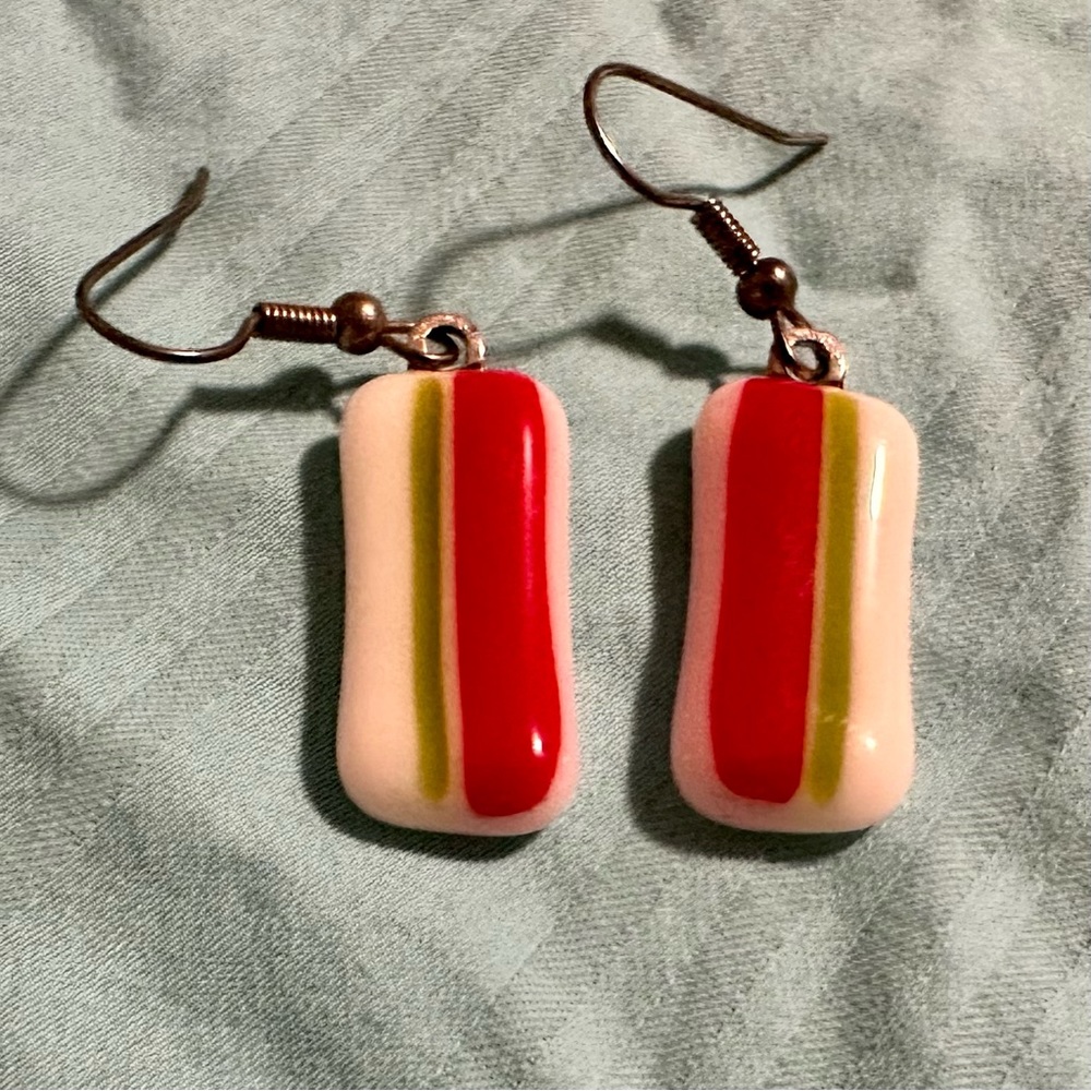 Artisan White/Red/Green Ceramic Dangle Rectangle Earrings